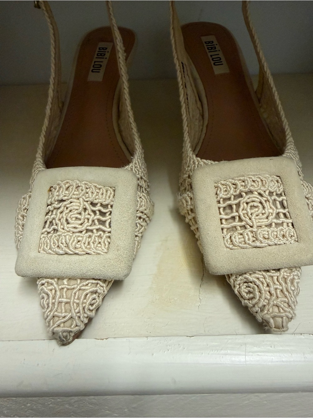 Bibi Lou Cream Crochet Pointed Slingback Heels